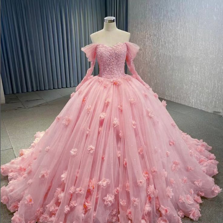 Pink Tulle Off the Shoulder Appliques Ball Gown Wedding Dress Sweet 16 Dresses     fg6813