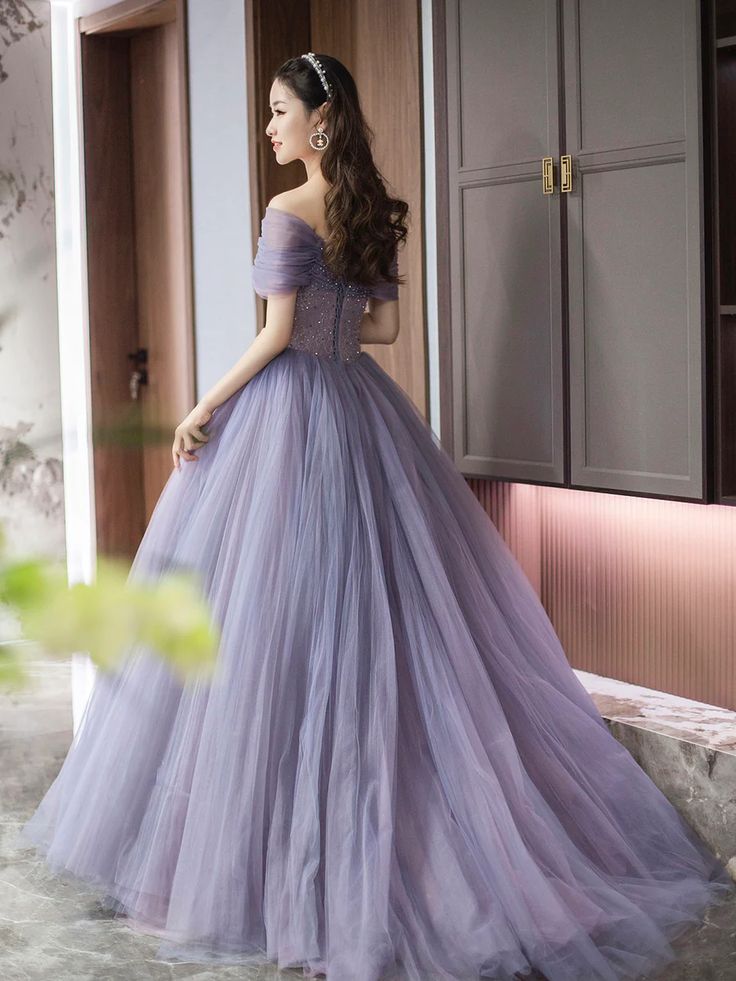 Purple A-Line Off Shoulder Tulle Beading Long Prom Dress    fg6712