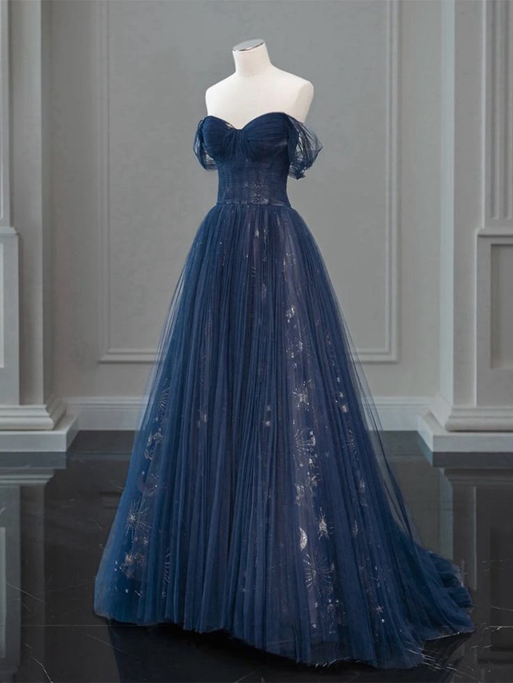 A-Line Off Shoulder Tulle Lace Dark Blue Long Prom Dress, Dark Blue Long Evening Dress      fg6743