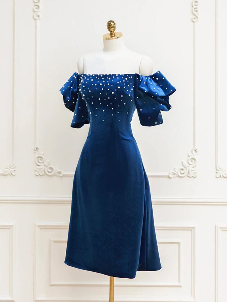 Homecoming Dresses,blue Velvet Beads Short Prom Dress, Blue Cocktail Dress       fg6425