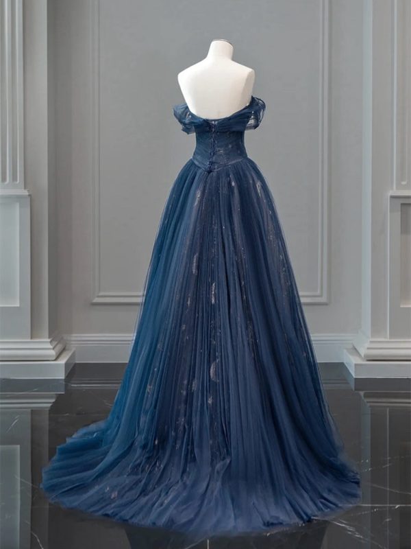 A-Line Off Shoulder Tulle Lace Dark Blue Long Prom Dress, Dark Blue Long Evening Dress      fg6743