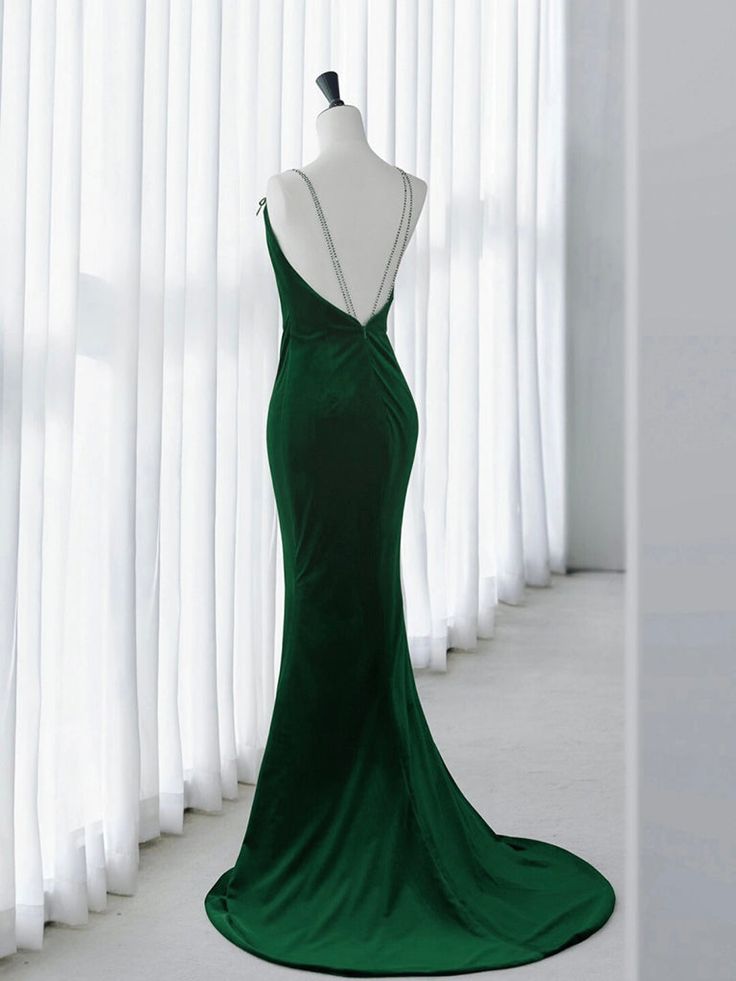 Green Mermaid Velvet Long Prom Dress, Green Long Evening Dress     fg6740