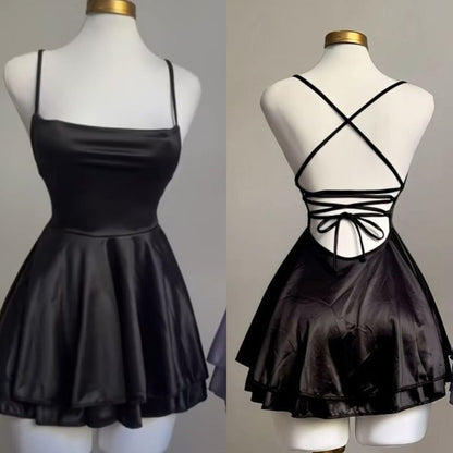 Vintage A line Black Birthday Outfits Satin Homecoming Dress    fg6126