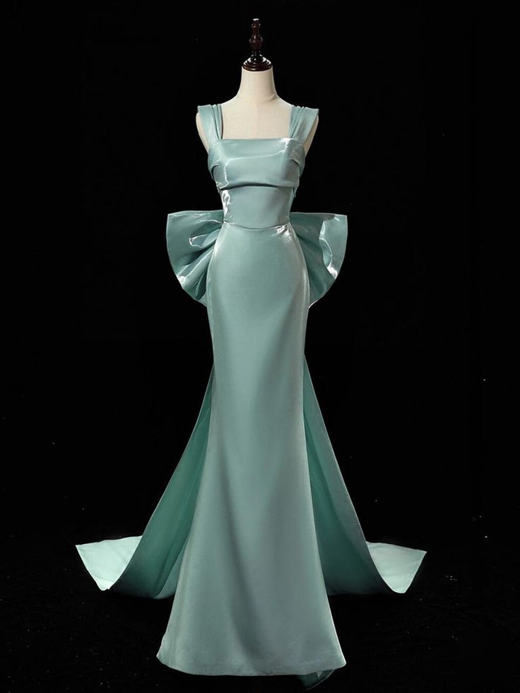 Simple Satin Bow Tie Green Long Prom Dress, Green Long Formal Dress       fg6091