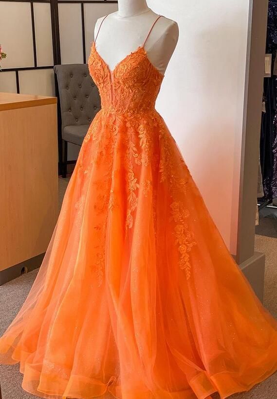 Orange Straps Lace/Tulle Long Prom Dress         fg6486