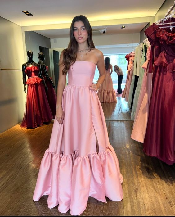 Elegant Pink Satin Strapless Evening Dress Women A-Line Prom Dress Simple Formal Occasion Dress Party Dress       fg6300