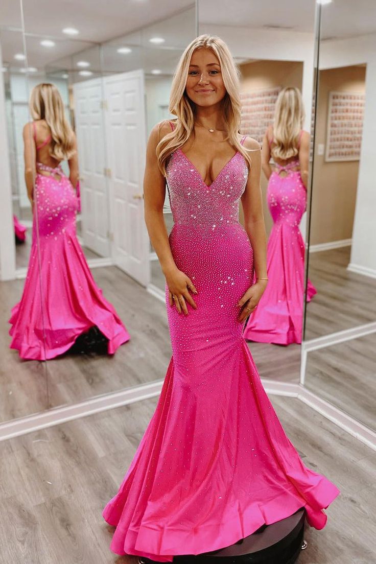 Hot Pink V Neck Satin Mermaid Long Prom Dresses with Beaded      fg6746