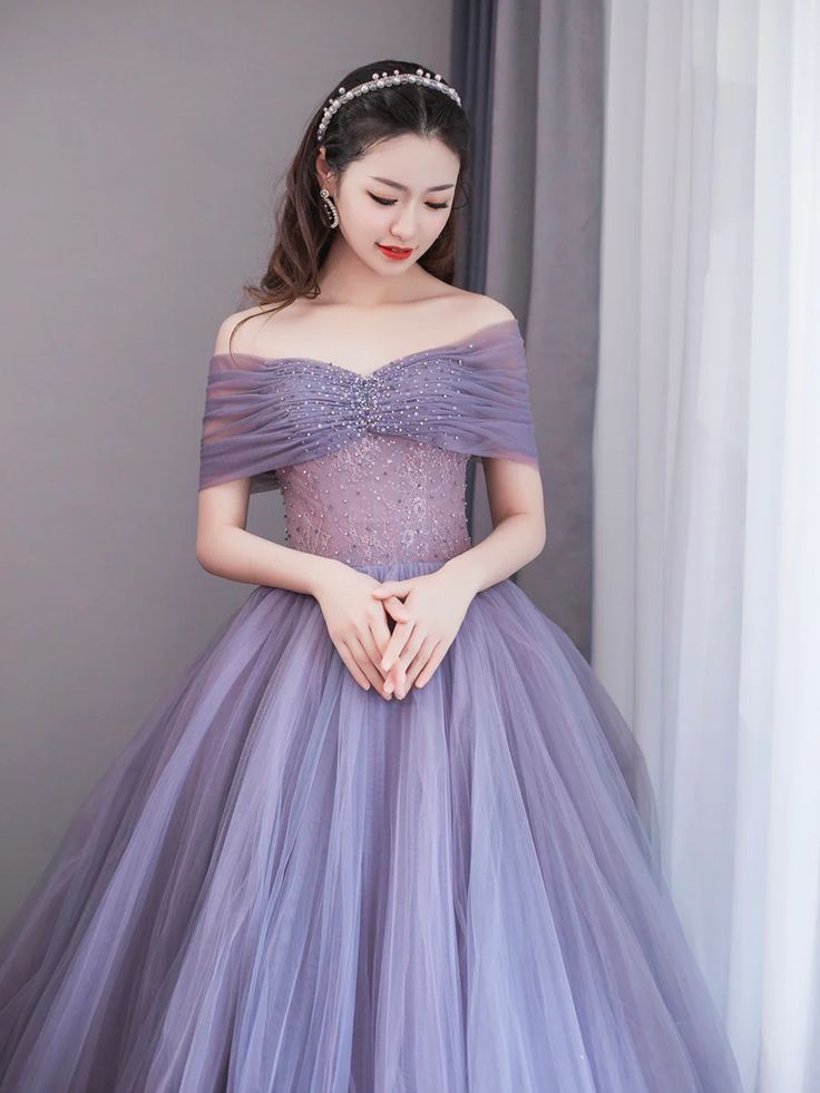 Purple A-Line Off Shoulder Tulle Beading Long Prom Dress    fg6712