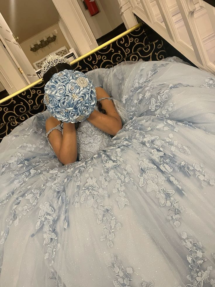 Light Blue Appliques Tulle Lace Quinceanera Dress Ball Gown     fg6061