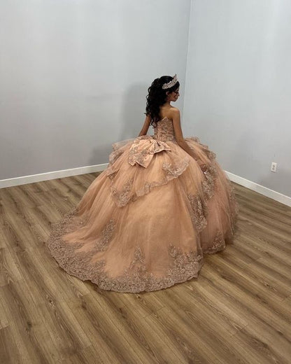 Champagne Shiny Off The Shoulder Ball Gown Quinceanera Dress Appliques Lace Beaded Birthday Party Gowns Sweet 16 vestidos       fg5679