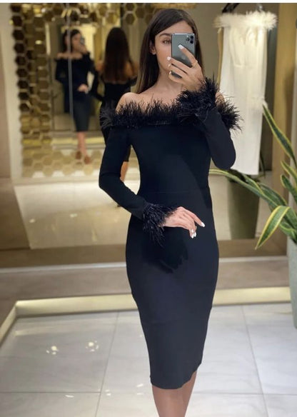 Elegant Black Prom Dresses Knee Length Women Feather Evening Gowns Saudi Arabic Graduation Dresses     fg5649