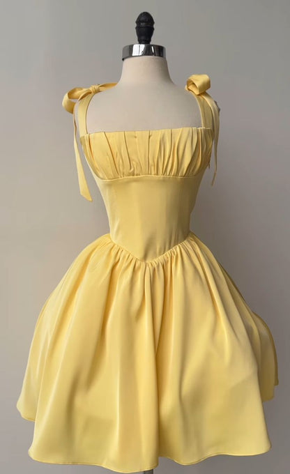 A Line Homecoming Dresses Yellow Bow Strap Prom Cocktail Party Gown       fg6229