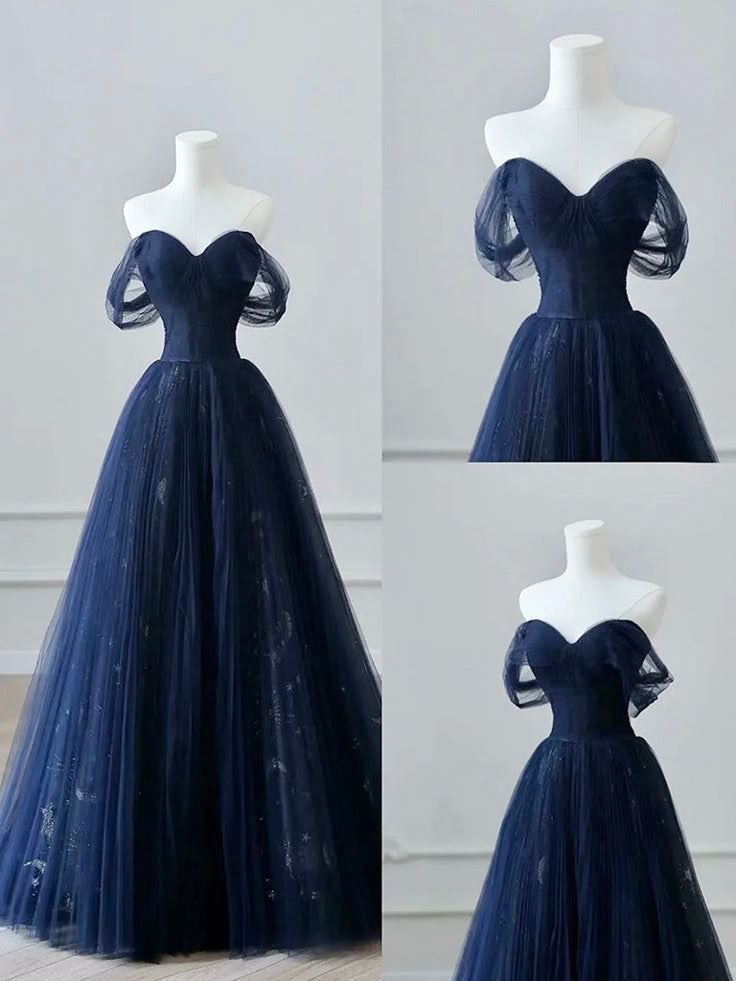 A-Line Off Shoulder Tulle Lace Dark Blue Long Prom Dress, Dark Blue Long Evening Dress      fg6743