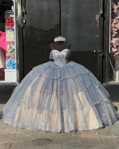 Princess Dresses Ball Gown Off Shoulder Vestido De Quinceanera Tiered Skirt Glitter Sequins Tulle 15 Masquerade Dress    fg6817