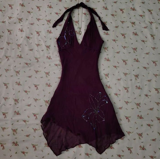 Dark Purple Halter Short Vintage Evening Dress Cocktail Dress      fg6538