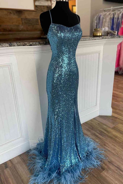 Long Sequined Straps Prom Dress with Feather Hem      fg5828