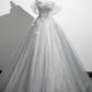 Gray A-Line Off the Shoulder Tulle Prom Dress, Lovely Corset Floor Length Party Dress     fg6478