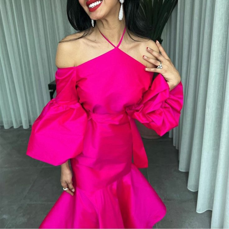 Hot Pink Halter Prom Belt Puff Sleeve Midi Party Dress Elegant Dubai Evening Dresses      fg5903