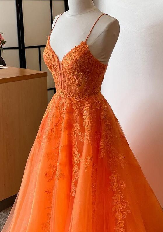 Orange Straps Lace/Tulle Long Prom Dress         fg6486