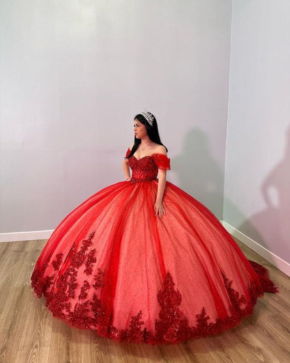 Red Off The Shoulder Ball Gown,Red Sweet 16 Dress,Princess Dress    fg5629