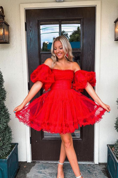 Sweet A Line Red Tulle Short Homecoming Dresses with Detachable Sleeves        fg5796