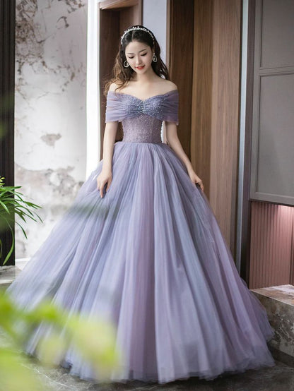 Purple A-Line Off Shoulder Tulle Beading Long Prom Dress    fg6712