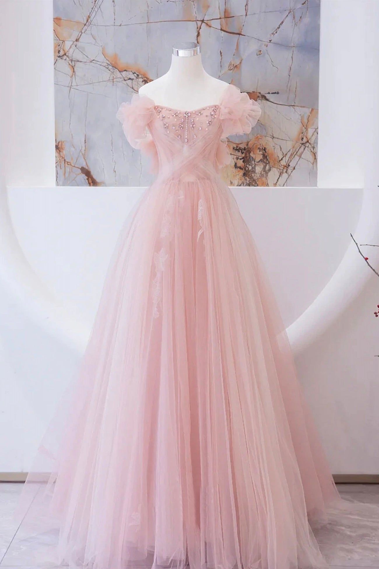 Tulle Beaded Long Prom Dress, A-Line Evening Party Dress     fg6228