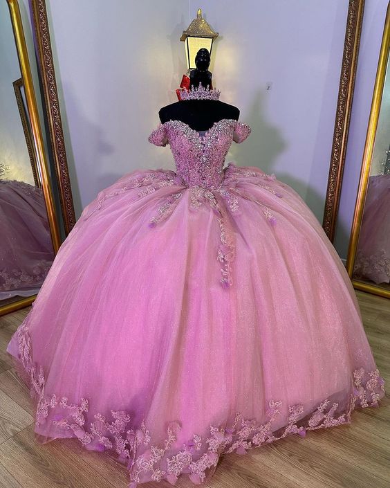 Pink Off The Shoulder Beading Crystal Quinceanera Dresses Ball Gown 3D Flowers Appliques Lace Sweet 15 Vestidos De XV Años     fg5682