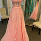 Shiny Straps Pink 3D Floral A-line Long Prom Formal Dress With Slit      fg5939