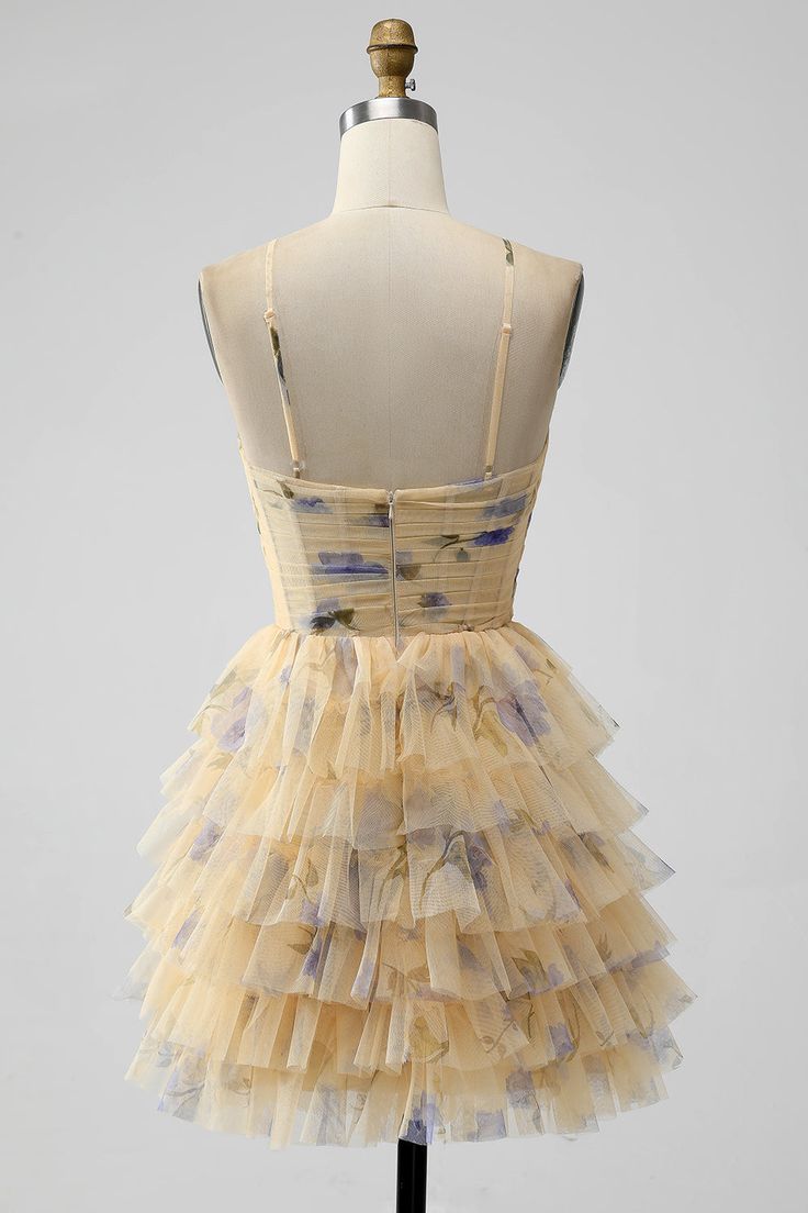 Yellow Print Keyhole Ruffle Tiered Short Homecoming Dress       fg5965