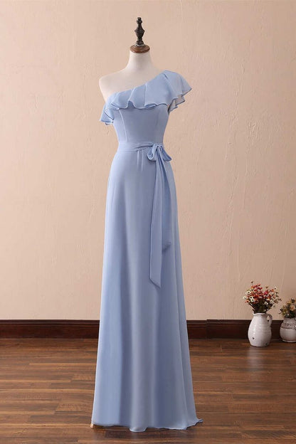 One-Shoulder Ruffled A-Line Long Bridesmaid Dress     fg5964