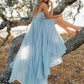 Sky Blue Chiffon Split Beach Wedding Dress With Court Train  Prom Dresses      fg5489