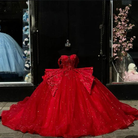 Red Princess Quinceanera Vestidos Gillter Off The Shoulder Corset vestidos de 15 Quinceanera Dress       fg6291