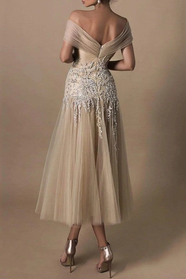 Elegant Lace Appliques Women's Prom Dress Fashion Off Shoulder A-line Princess Sleeveless Dress      fg5605