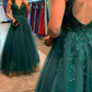 A-Line Green V Neck Beaded Tulle Long Prom Dress, Formal Dress      fg6881