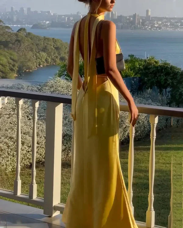 Yellow Deep V Neck Backless Sheath Long Party Dress Prom Dresses      fg7132