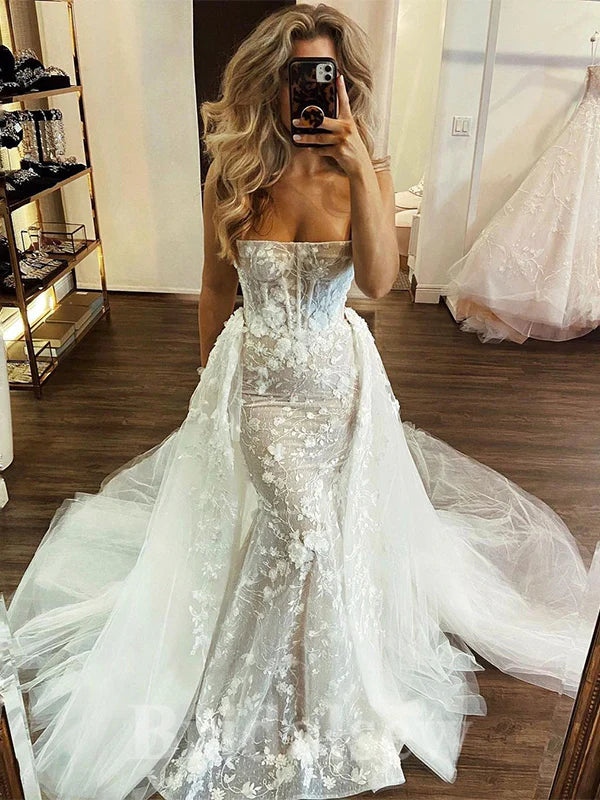 Charming Strapless Mermaid Princess Beach Vintage Long Wedding Dresses, Bridal Gown        fg6958