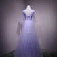 Purple Tulle Flower And Lace Short Sleeves Tulle Long Formal Dress,a-line Lavender Party Dress Prom Dress   fg4486