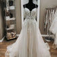 A-line v Neck White Lace Wedding Dresses, V Neck White Lace Formal Prom Dresses   fg4485