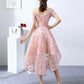 High Low Pink Lace Homecoming Dress Off The Shoulder Short Prom Dress      fg5026