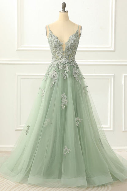 Spaghetti Straps Tulle Green Prom Dress with Appliques       fg4657