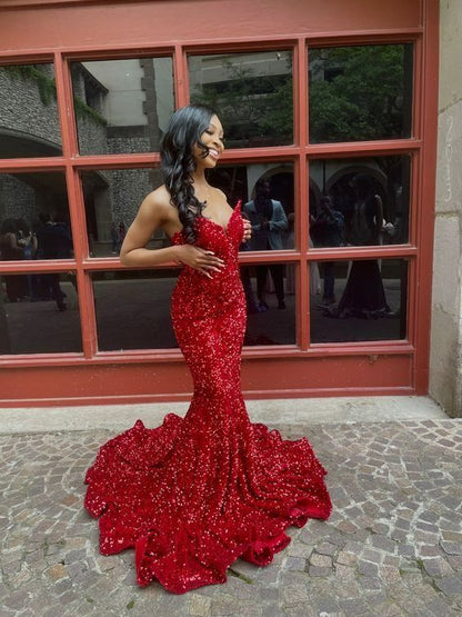 Long Red Prom Dresses Glitter Sequin Mermaid Evening Dress      fg4771