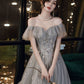 gray tulle off shoulder long prom dress, gray tulle formal dress    fg4459