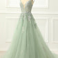 Spaghetti Straps Tulle Green Prom Dress with Appliques       fg4657