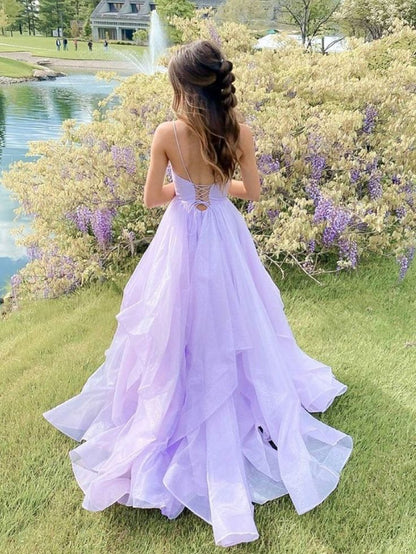 Purple V Neck Tulle Long Prom Dress Purple Evening Dress     fg4772