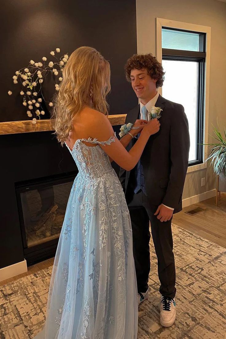 Cute A line Off the Shoulder Light Blue Long Prom Dresses with Appliques     fg4740