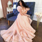 Pink A-Line Organza Long Prom Dress Engagement Dress with Puff Sleeves   fg5426