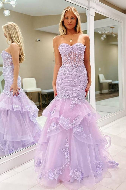 Lace Applique Ruffle Beaded Mermaid Prom Dress      fg5133