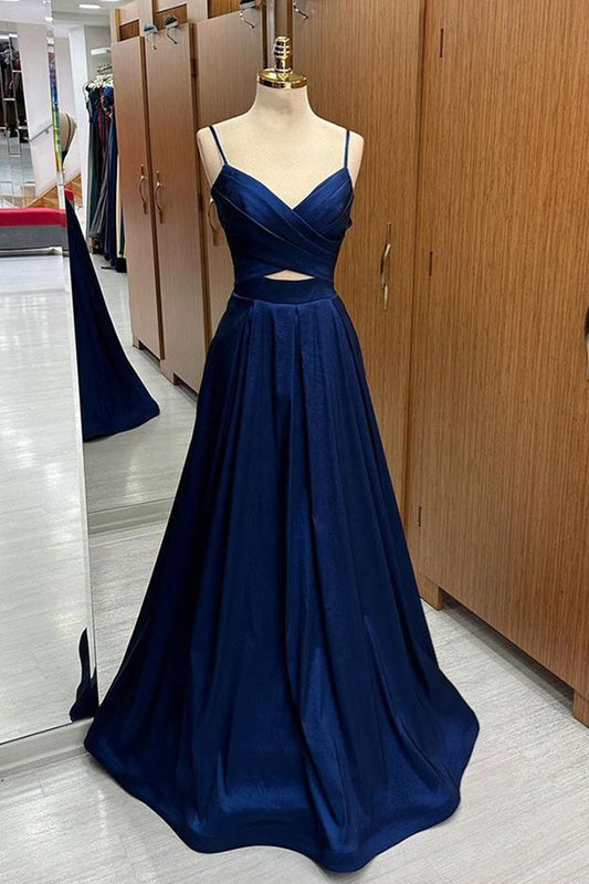 Pleated Straps Cut-Out Satin Long Prom Dress    fg4855