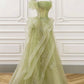 A-Line Off Shoulder Tulle Lace Green Long Prom Dress, Green Lace Long Formal Dress     fg4818